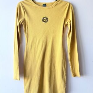wild fable Yellow Ribbed Long Sleeve Midi Dress with Sun Embroidery